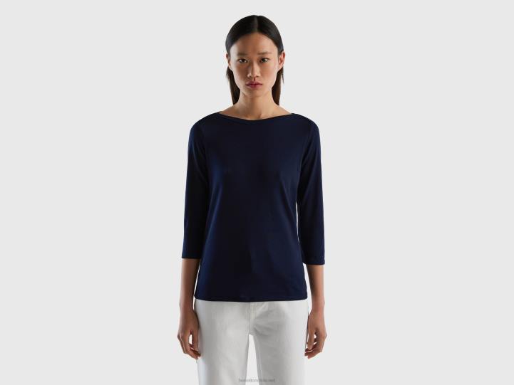 camiseta con cuello barco en 100% algodón NHBF3941 azul oscuro mujer Benetton