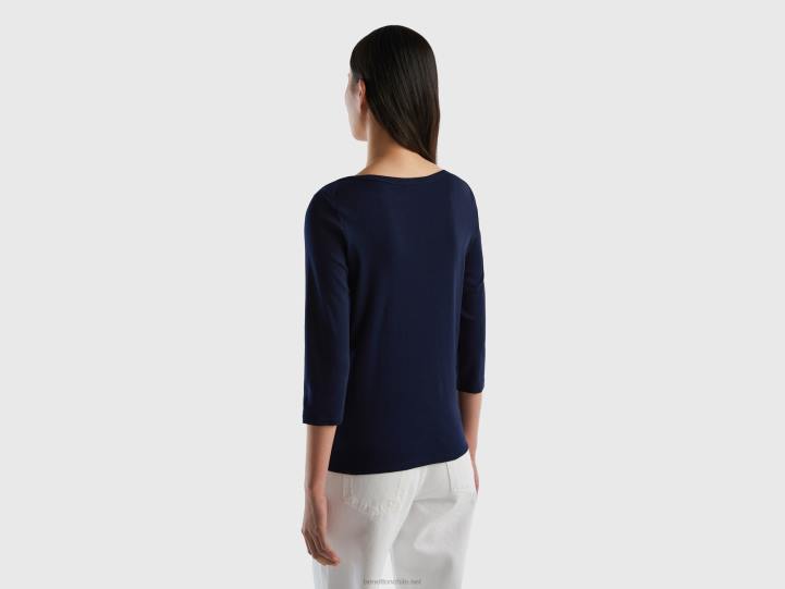 camiseta con cuello barco en 100% algodón NHBF3941 azul oscuro mujer Benetton