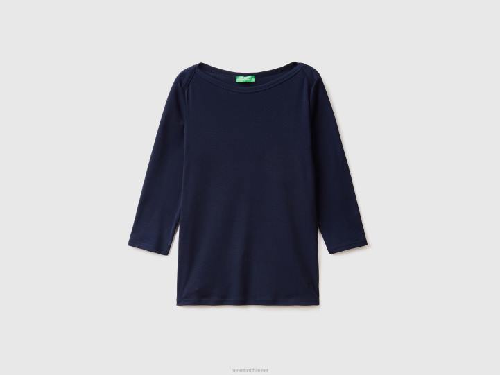 camiseta con cuello barco en 100% algodón NHBF3941 azul oscuro mujer Benetton