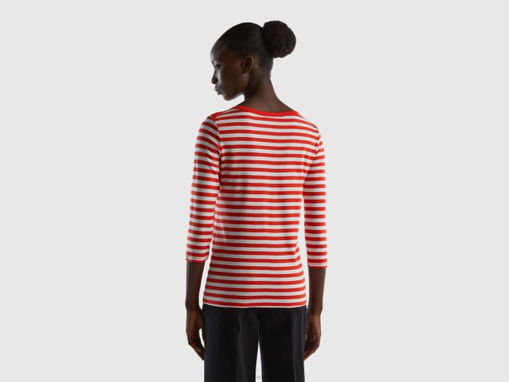 camiseta de manga 3/4 de rayas en 100% algodón NHBF3892 rojo mujer Benetton