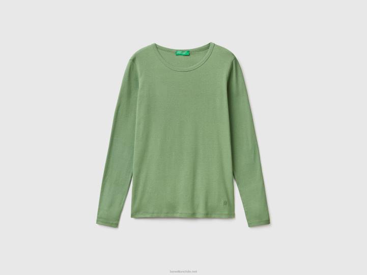 camiseta de manga larga de puro algodón NHBF3806 verde mujer Benetton
