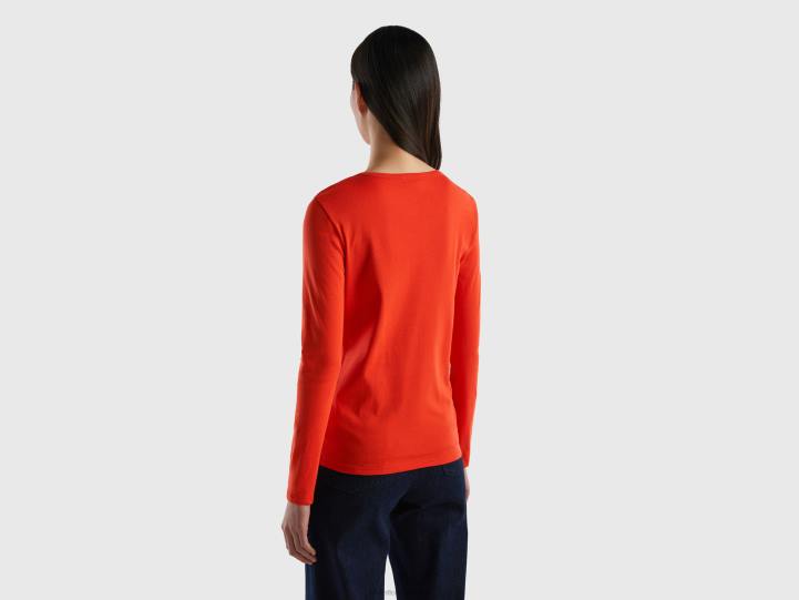 camiseta de manga larga de puro algodón NHBF3820 rojo mujer Benetton