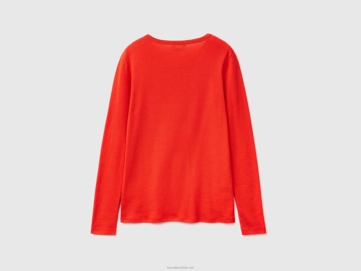 camiseta de manga larga de puro algodón NHBF3820 rojo mujer Benetton