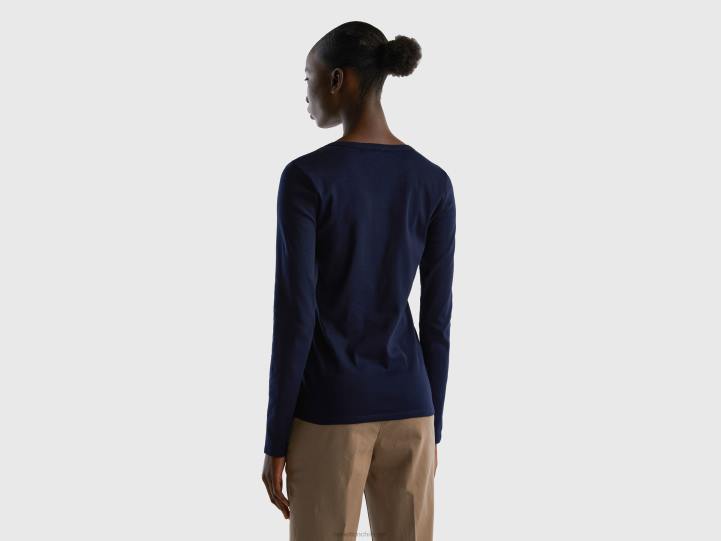 camiseta de manga larga de puro algodón NHBF3909 azul oscuro mujer Benetton
