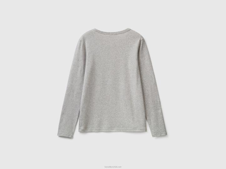 camiseta de manga larga de puro algodón NHBF3926 gris claro mujer Benetton