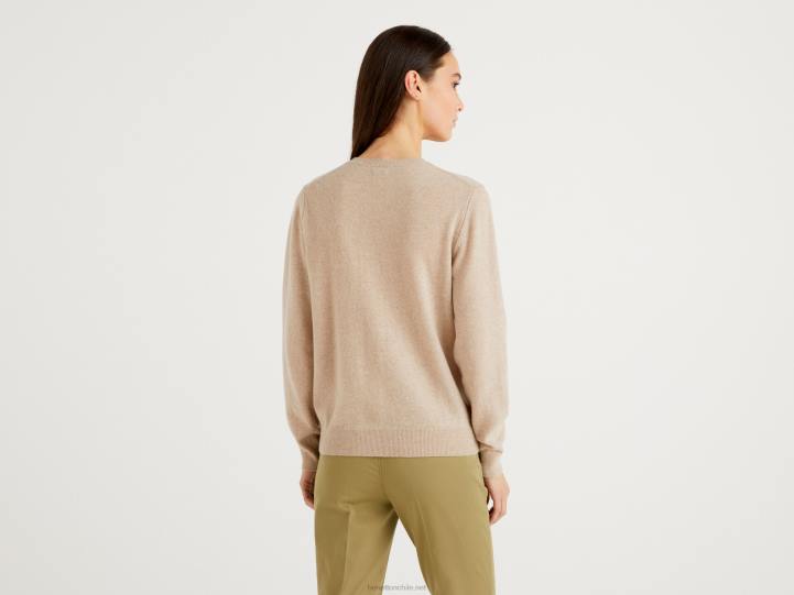 Cárdigan beige con cuello redondo de pura lana merino NHBF225 beige mujer Benetton