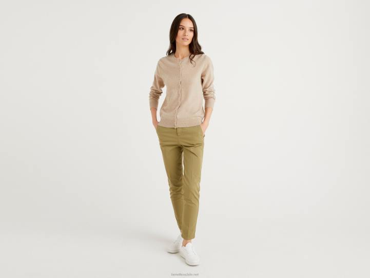 Cárdigan beige con cuello redondo de pura lana merino NHBF225 beige mujer Benetton