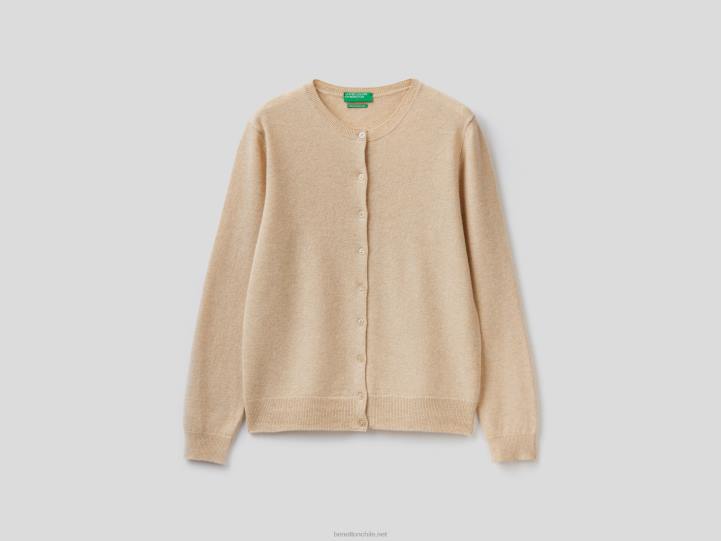 Cárdigan beige con cuello redondo de pura lana merino NHBF225 beige mujer Benetton