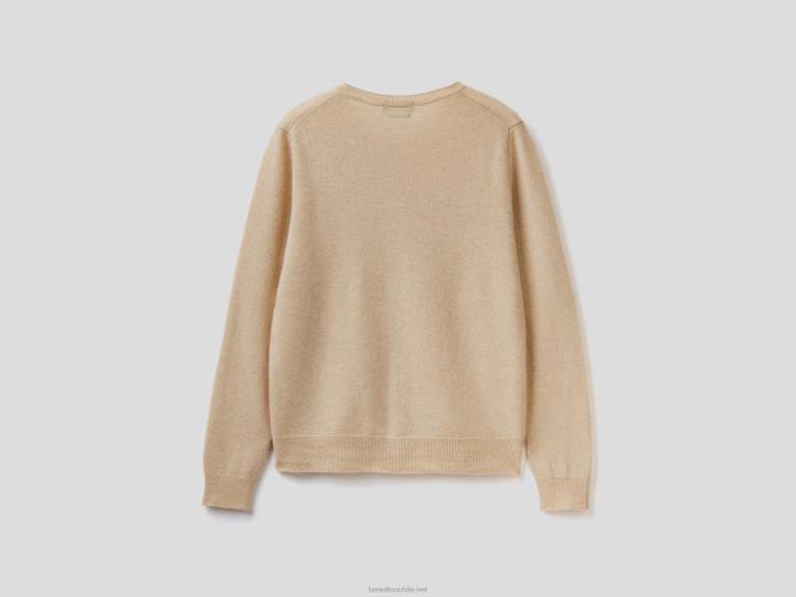 Cárdigan beige con cuello redondo de pura lana merino NHBF225 beige mujer Benetton