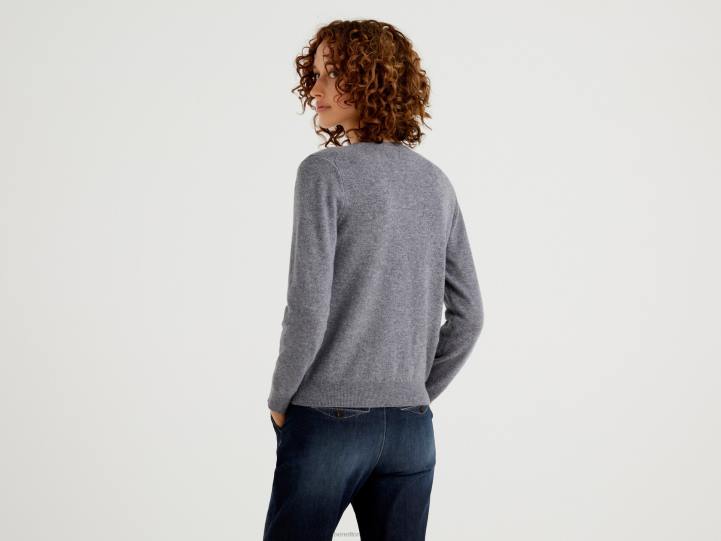 Cárdigan gris con cuello redondo de pura lana merino NHBF183 gris mujer Benetton