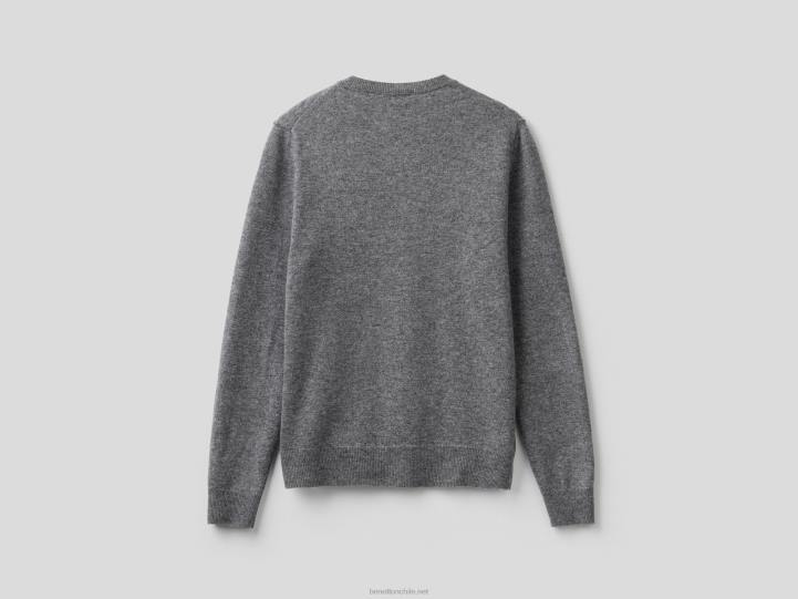 Cárdigan gris con cuello redondo de pura lana merino NHBF183 gris mujer Benetton