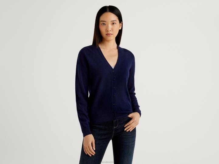 cárdigan azul oscuro con cuello de pico en pura lana merino NHBF184 azul oscuro mujer Benetton