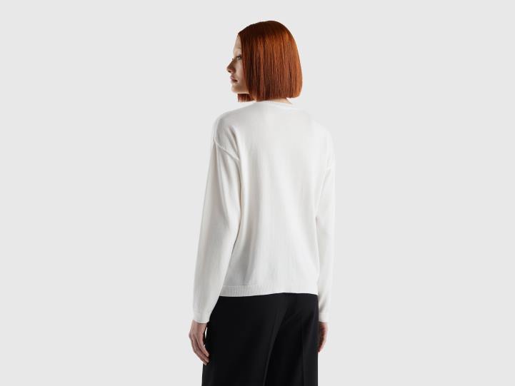 cárdigan con cuello redondo y botones NHBF3635 Blanco crema mujer Benetton