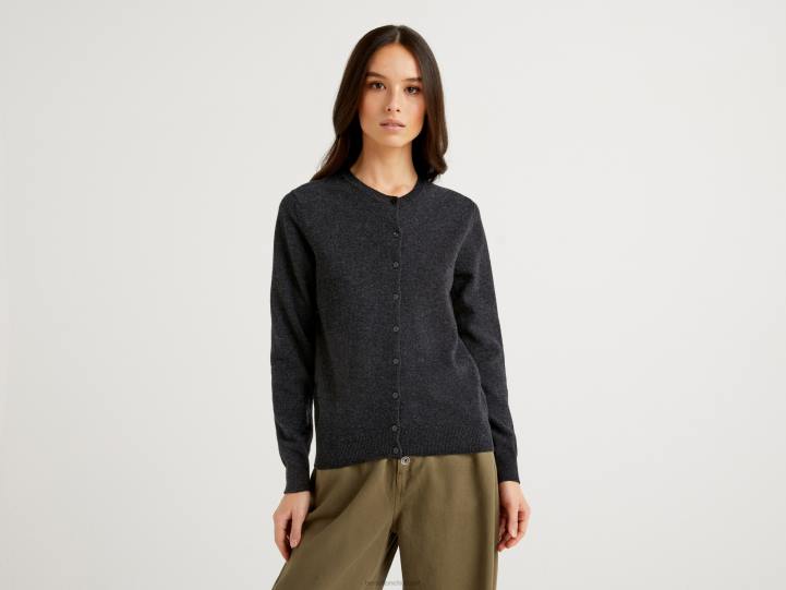 cárdigan de cuello redondo gris carbón en pura lana merino NHBF3678 gris oscuro mujer Benetton
