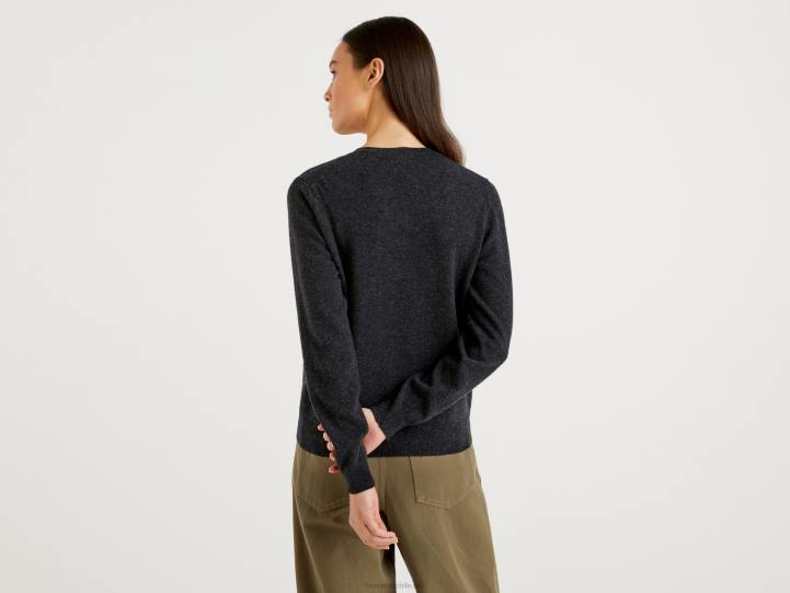 cárdigan de cuello redondo gris carbón en pura lana merino NHBF3678 gris oscuro mujer Benetton