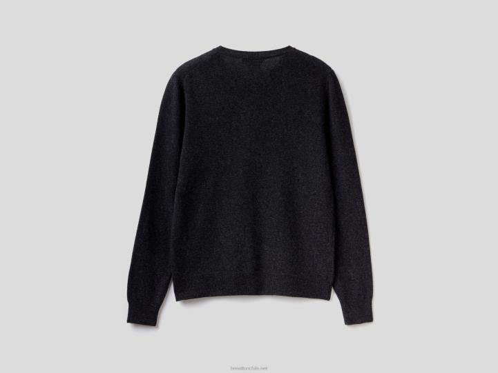 cárdigan de cuello redondo gris carbón en pura lana merino NHBF3678 gris oscuro mujer Benetton