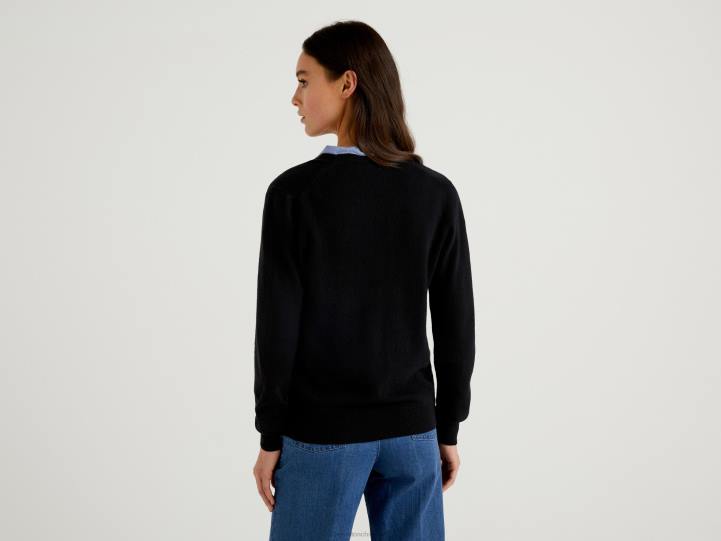 cárdigan negro con cuello de pico en pura lana merino NHBF3700 negro mujer Benetton