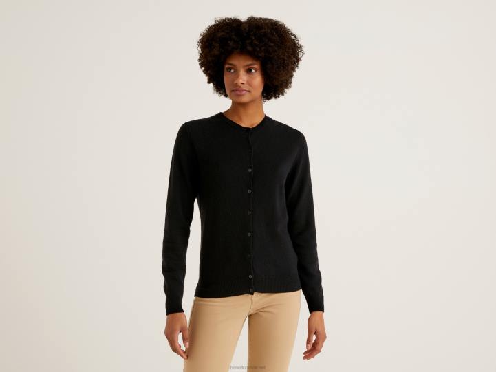 cárdigan negro con cuello redondo de pura lana merino NHBF3642 negro mujer Benetton