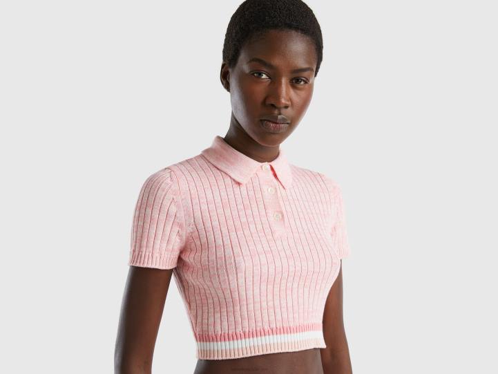 polo de punto corto rosa NHBF3527 rosa mujer Benetton