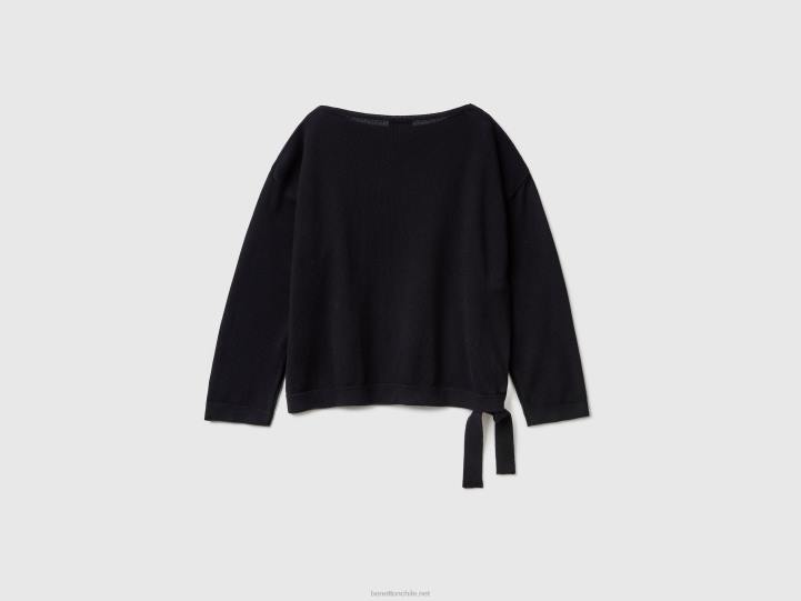 jersey con cordones y cuello barco NHBF22 negro mujer Benetton