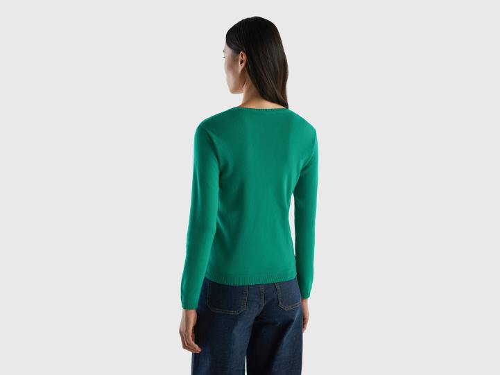 jersey con cuello de pico en puro algodón NHBF176 verde mujer Benetton