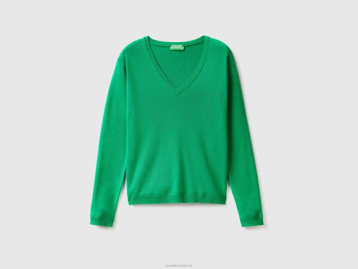 jersey con cuello de pico en puro algodón NHBF176 verde mujer Benetton
