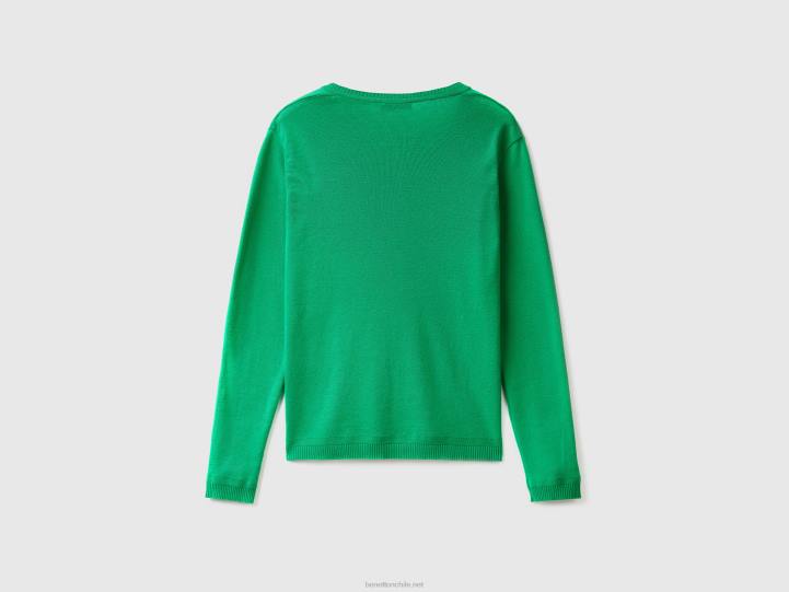 jersey con cuello de pico en puro algodón NHBF176 verde mujer Benetton