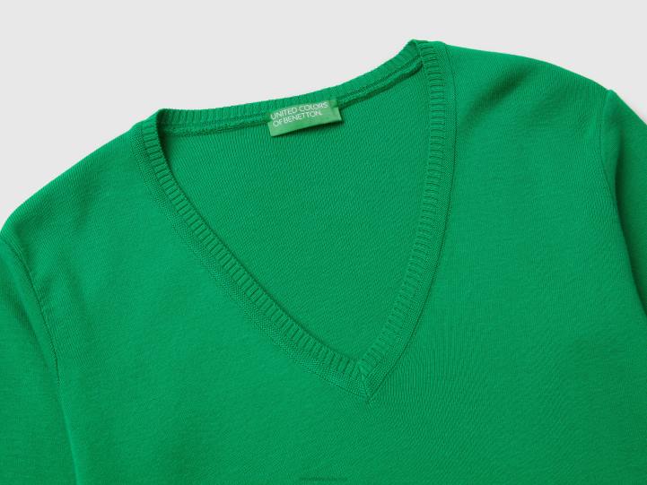 jersey con cuello de pico en puro algodón NHBF176 verde mujer Benetton