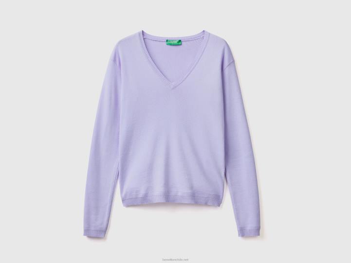 jersey con cuello de pico en puro algodón NHBF29 lavanda mujer Benetton