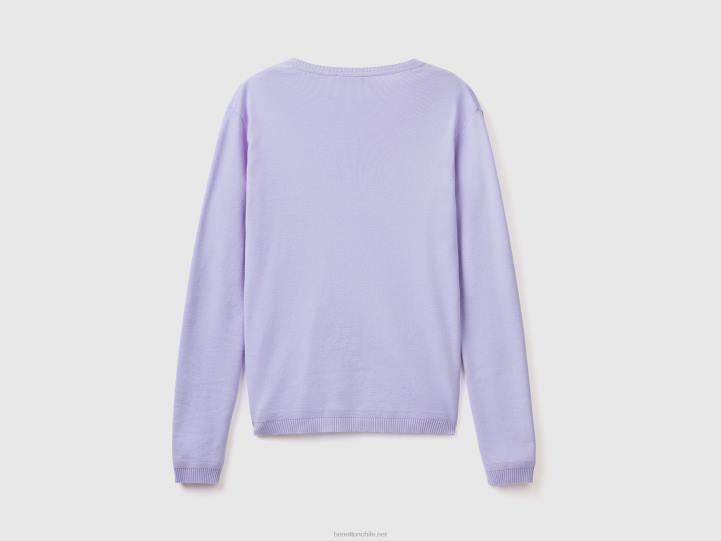 jersey con cuello de pico en puro algodón NHBF29 lavanda mujer Benetton