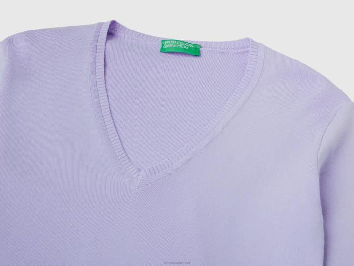 jersey con cuello de pico en puro algodón NHBF29 lavanda mujer Benetton