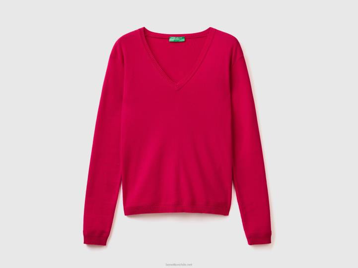 jersey con cuello de pico en puro algodón NHBF3525 fucsia mujer Benetton