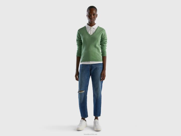 jersey con cuello de pico en puro algodón NHBF3558 verde mujer Benetton