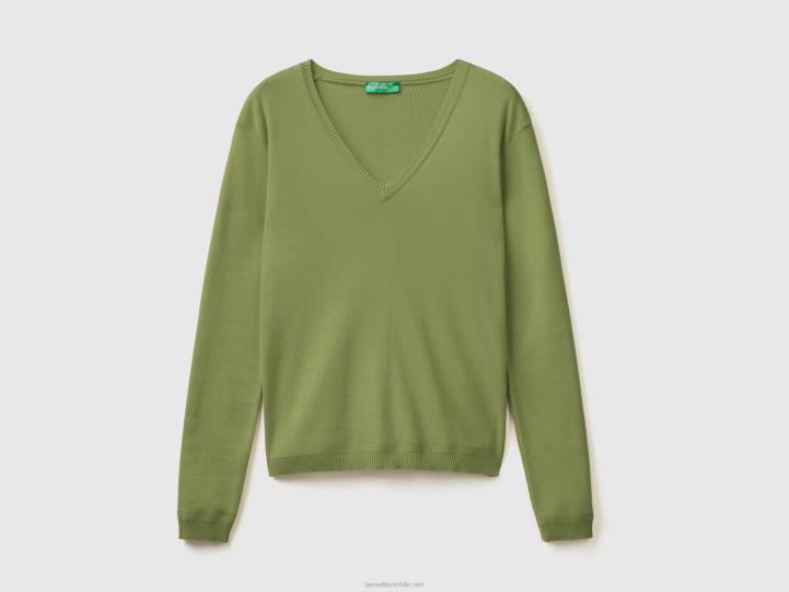 jersey con cuello de pico en puro algodón NHBF3558 verde mujer Benetton