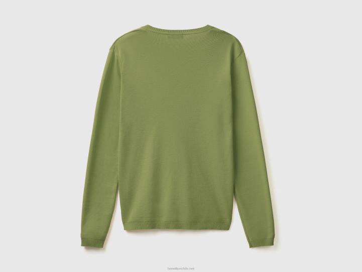 jersey con cuello de pico en puro algodón NHBF3558 verde mujer Benetton