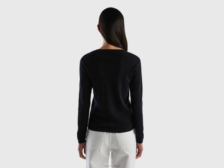 jersey con cuello de pico en puro algodón NHBF3657 negro mujer Benetton