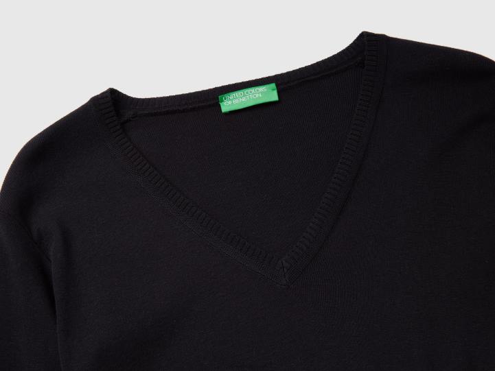 jersey con cuello de pico en puro algodón NHBF3657 negro mujer Benetton