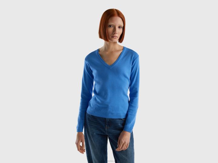 jersey con cuello de pico en puro algodón NHBF90 azul claro mujer Benetton