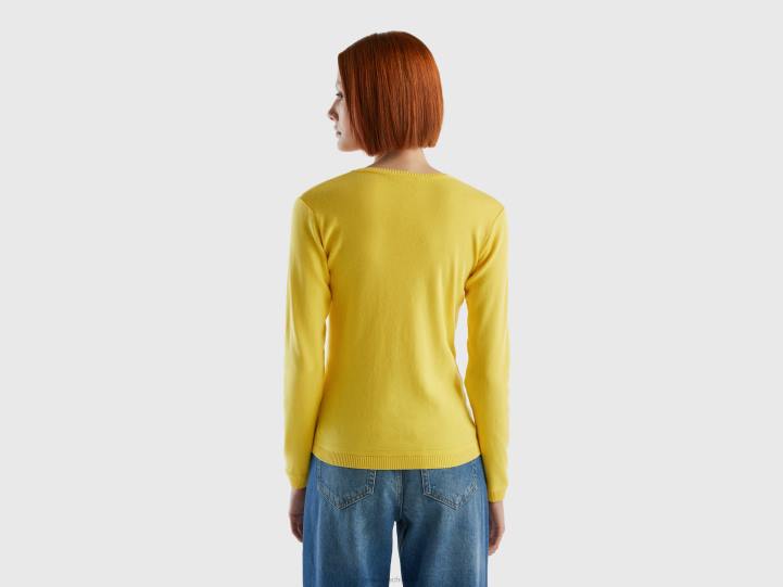 jersey de cuello redondo de puro algodón NHBF132 amarillo mujer Benetton