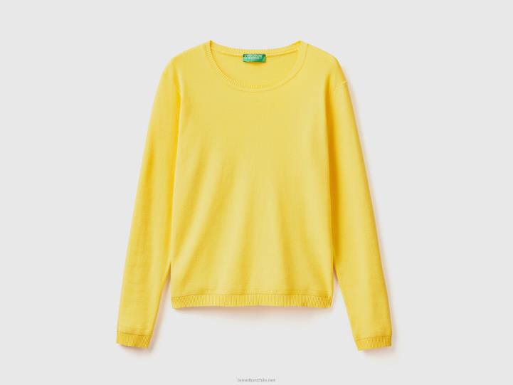 jersey de cuello redondo de puro algodón NHBF132 amarillo mujer Benetton