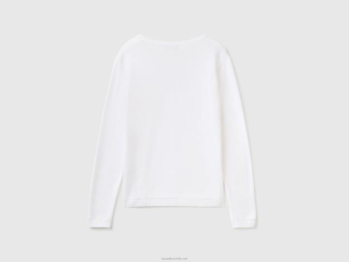 jersey de cuello redondo de puro algodón NHBF186 blanco mujer Benetton