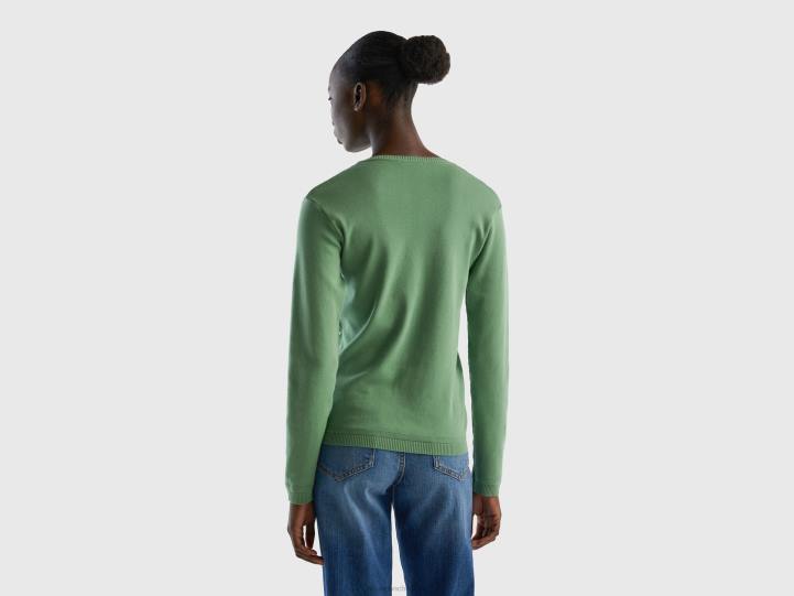 jersey de cuello redondo de puro algodón NHBF3554 verde mujer Benetton