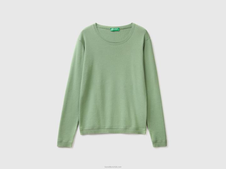 jersey de cuello redondo de puro algodón NHBF3554 verde mujer Benetton