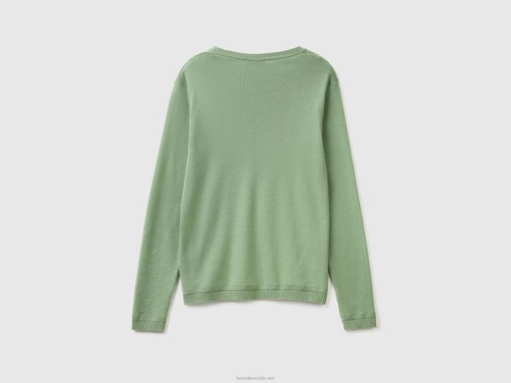 jersey de cuello redondo de puro algodón NHBF3554 verde mujer Benetton