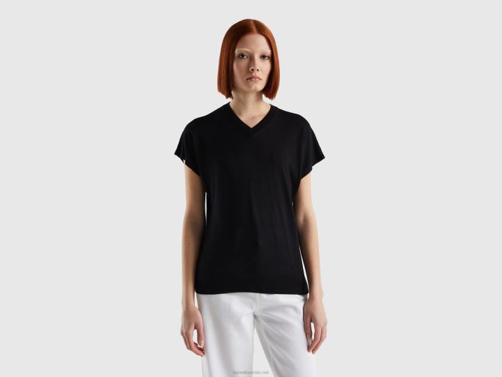 jersey de manga corta en mezcla de viscosa NHBF3484 negro mujer Benetton
