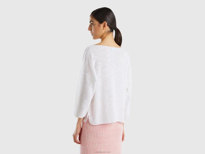 jersey de mezcla de lino con mangas 3/4 NHBF3490 blanco mujer Benetton
