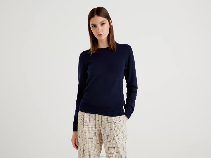 suéter azul oscuro con cuello redondo en lana merino NHBF3643 azul oscuro mujer Benetton