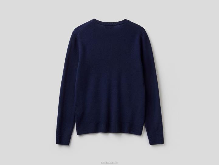 suéter azul oscuro con cuello redondo en lana merino NHBF3643 azul oscuro mujer Benetton