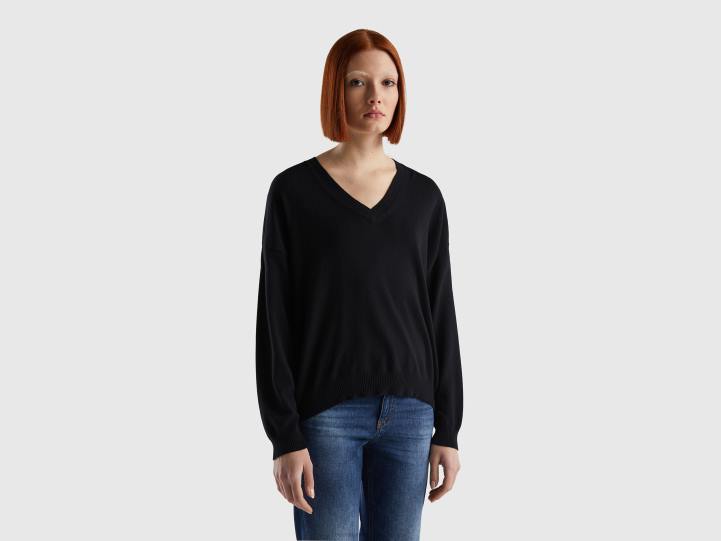 suéter con cuello en v NHBF10 negro mujer Benetton