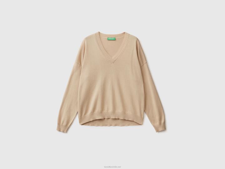 suéter con cuello en v NHBF129 beige mujer Benetton